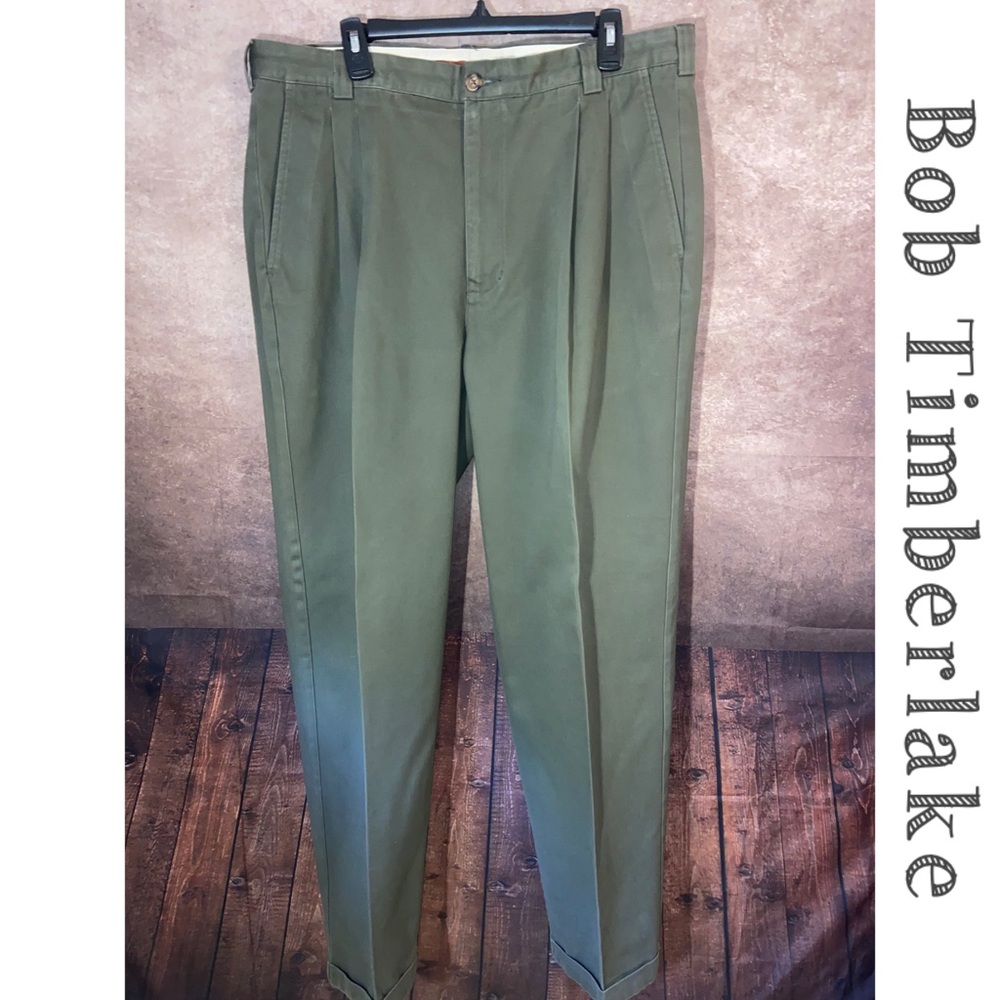 Bob Timberlake Dress/Chino men’s pants-Khaki Green-pleated/cuffed hem-EUC